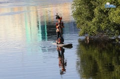Dinagyang warrior and dog paddle Iloilo River on festival eve