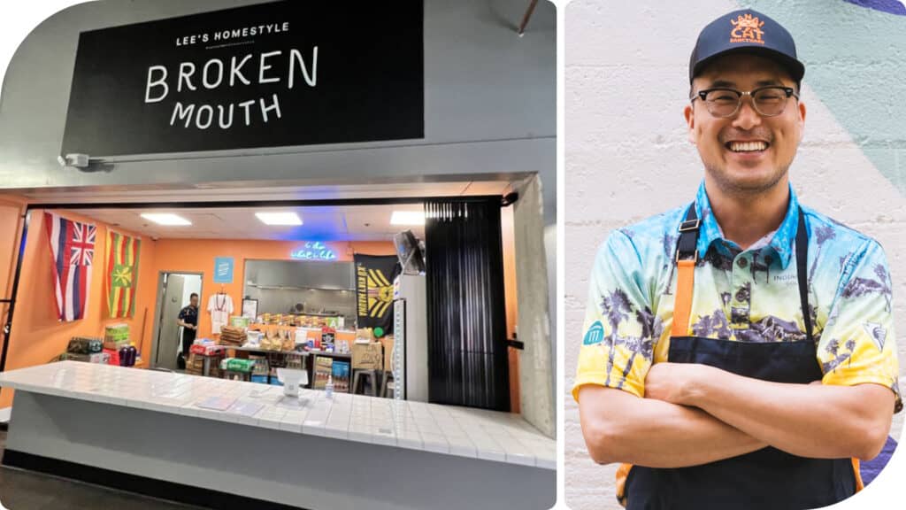 LEFT: The counter-order spot is tucked inside an LA food hall; Right: Chef-owner Tim Lee.