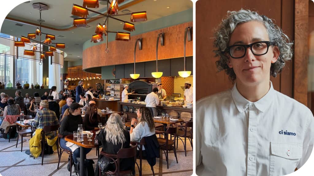 LEFT: The open, airy restaurant features live-fire cooking, using wood or embers (not flames) to enhance flavors; Right: Executive Chef Hillary Sterling.