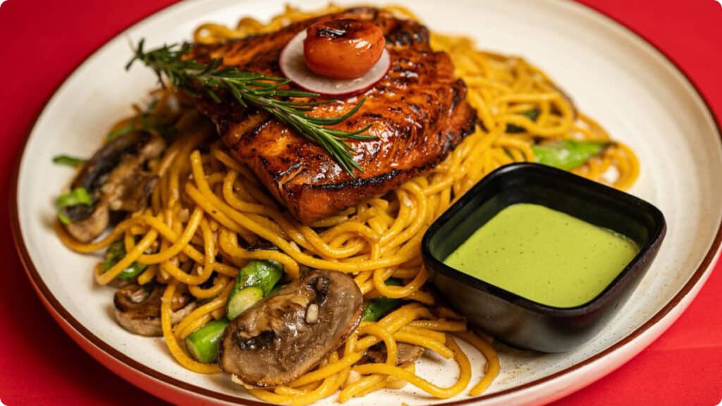 GRILLED salmon garlic noodles.