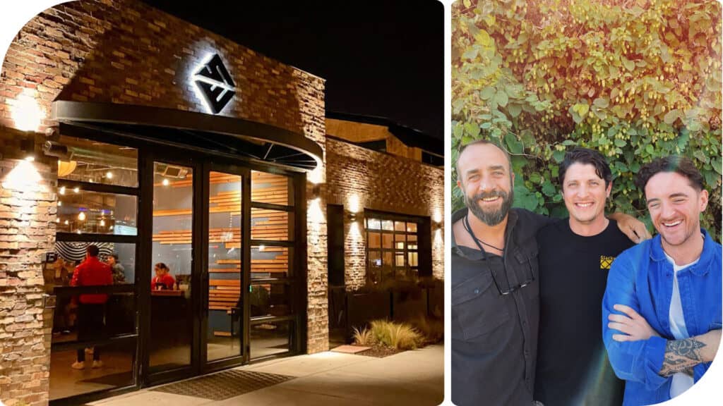 LEFT: Salt Lake City is one of Slackwater’s five Utah locations; Right: Group photo from left: co-owners Justin Gumm and Blake Hirschi with SLC general manager Mike Kijewski (who “really sets the tone” for the friendliness of that location, Blake says).