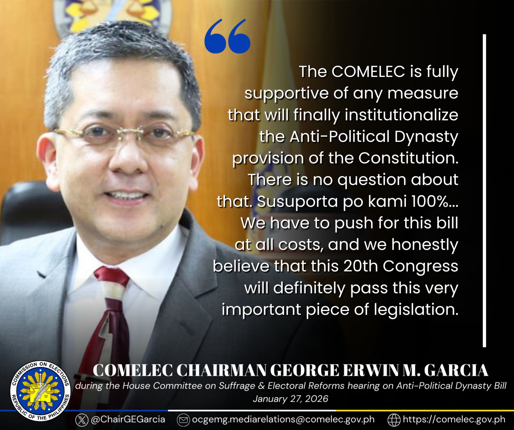 Comelec Chairman Garcia believes anti-dynasty law passage is near