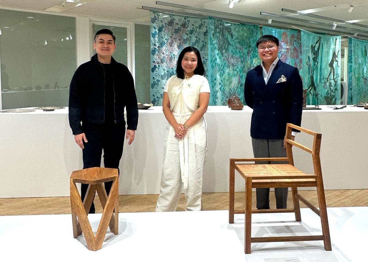MIGUEL Mariano, designer of the Hex Stool for Lamana, Kay Concengco, general manager and co-founder of Lamana, and Brian Ver, designer of the Score Chair for Lamana.