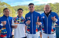 FAST-RISING young punchers Mark Ashley Fajardo (second from right) and Jay Bryan Baricuatro (second from left) are in goods hands with Roel Velasco (left), Ronald Chavez (right), Pat Gaspi and Don Abnett supervising their progress in Baguio City.