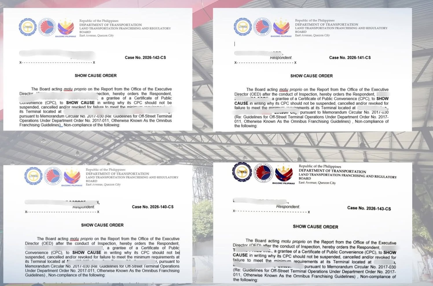 LFRB issued show cause order to bus companies: Belleza Transport Corporation and Mega Bus Lines Corp which both have a bus terminal in Cubao; Eaglestar Transit Corporation; and, Elavil Phils Tours Inc. due to poorly maintained bus terminals in Quezon City