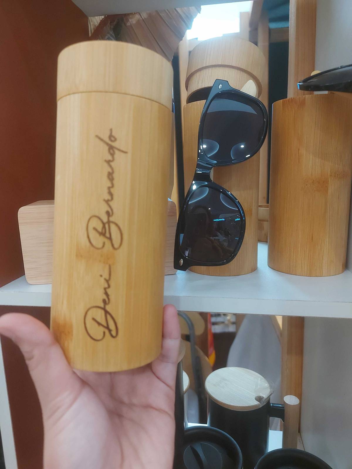 SHADES with a personalized bamboo container both bought from the recent Kultura Crawl.