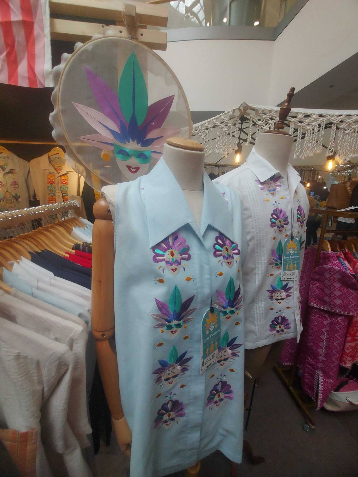 LINEN shirts with embroidered Bacolod Masskara Festival icons-available at Kultura.