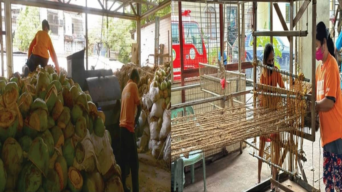 COCONUT husks are collected and processed into fiber using a decorticating machine, then woven into coco nets that are used for riprap and slope protection to prevent soil erosion. The remaining peat is mixed with household organic waste and processed into organic fertilizer.