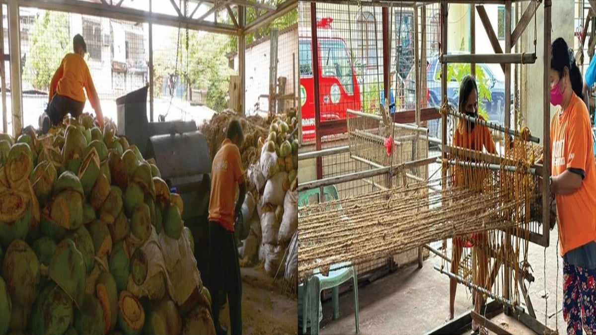 COCONUT husks are collected and processed into fiber using a decorticating machine, then woven into coco nets that are used for riprap and slope protection to prevent soil erosion. The remaining peat is mixed with household organic waste and processed into organic fertilizer.
