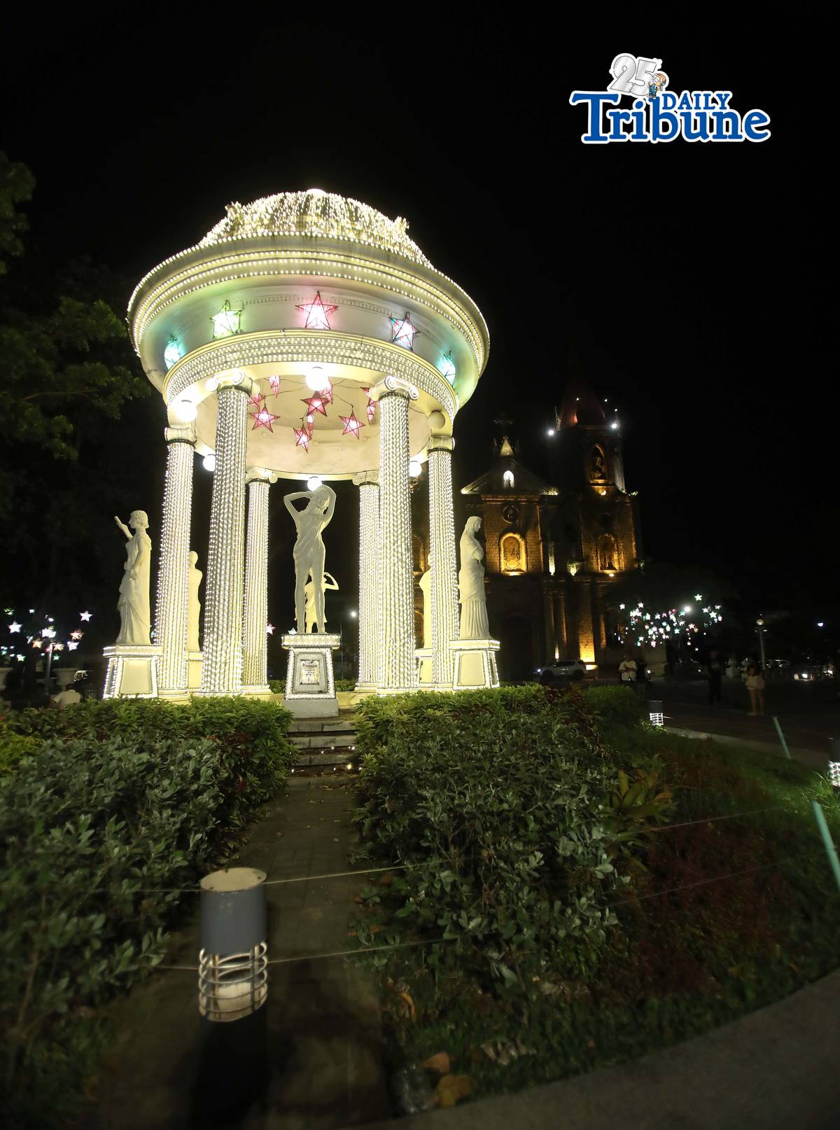 (January 31 2026) The lights glow at Santa Ana parish Church, commonly known as Molo Church in Iloilo City, a Spanish Neo-gothic Roman Catholic Church, the church is recognized as "the women's church" or "the feminist church" because it only features images of female saints inside, including Saint Anne, the patron saint of Molo, It served as an evacuation center for civilians during World War II. The national historical institute declared it a national landmark in 1992. Photo/Analy Labor