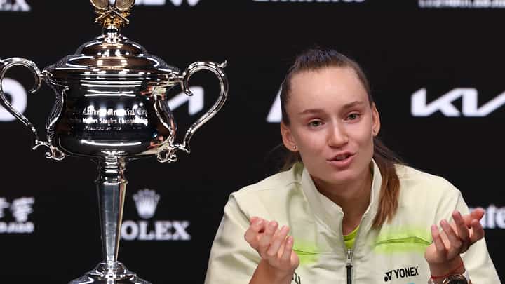 KAZAKHSTAN'S Elena Rybakina speaks during the press conference after defeating Belarus’ Aryna Sabalenka in the women’s singles final on Day 14 of the Australian Open tennis tournament in Melbourne on February 1, 2026.