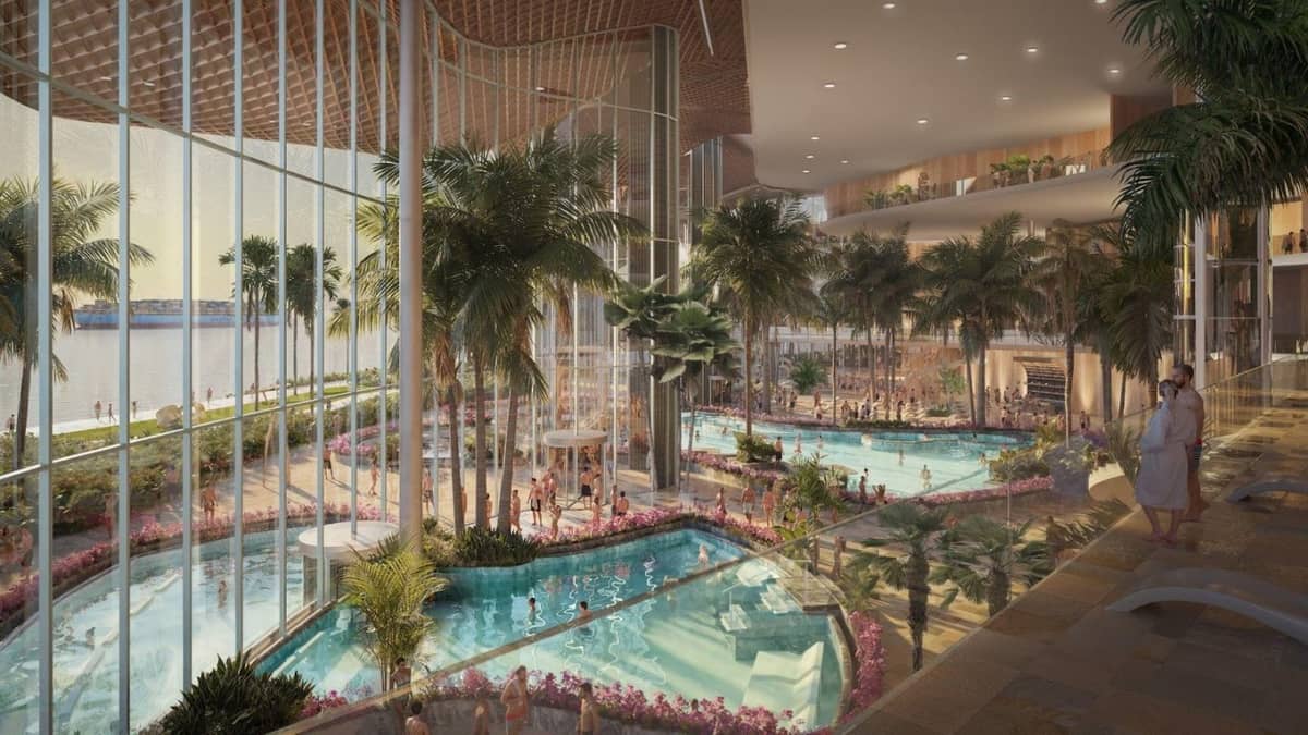 RENDER of the proposed indoor thermal pool experiences with waterfront views.