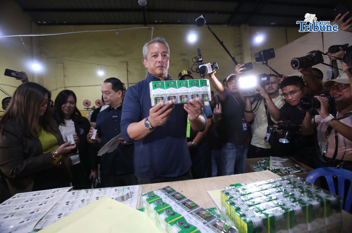 (February 05 2026) DILG Sec. Jonvic Remulla along with PNP chief PGen Jose Melencio Nartatez, Bureau of Customs Ariel Nepomuceno and other officials, inspects the allegedly machines being used in the manufacture of cigarettes following a raid of an illegal factory in Pampanga that can produce P140 million worth of cigarettes a day, and arrest of six Chinese accused of forcing 65 Filipinos to work, at Samyoung Global Enterprises in Brgy. Panipuan, Mexico, Pampanga on Thursday February. 5, 2026. Photo/Analy Labor