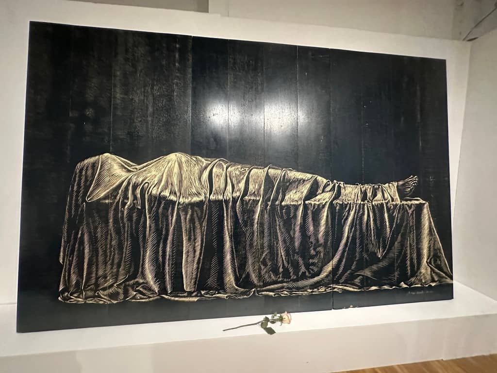 ARTIST Ambie Abaño explores the cycle of life in “…beyond body…” from metamorphosis to death, executed in etched wood.