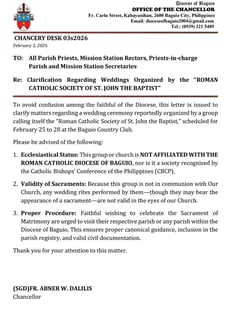 Baguio Diocese warns public vs group officiating weddings not tied to Church