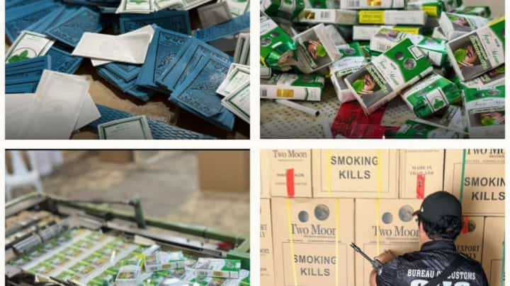 Confiscated illegal tobacco products, manufacturing equipment, and packed boxes are shown following a joint government operation in Brgy. Panipuan, Mexico, Pampanga, February 5, 2026.