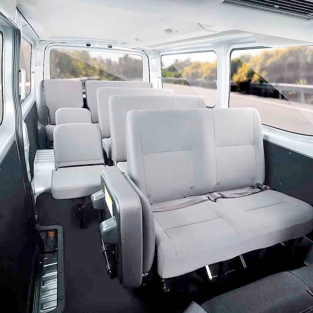 SEATING fills the cabin with rows arranged for passenger capacity and regular pick-up and drop-off trips.
