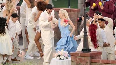 US singer-songwriter Lady Gaga and Puerto Rican singer Bad Bunny perform during Super Bowl LX Patriots vs Seahawks Apple Music Halftime Show at Levi's Stadium in Santa Clara, California on February 8, 2026.