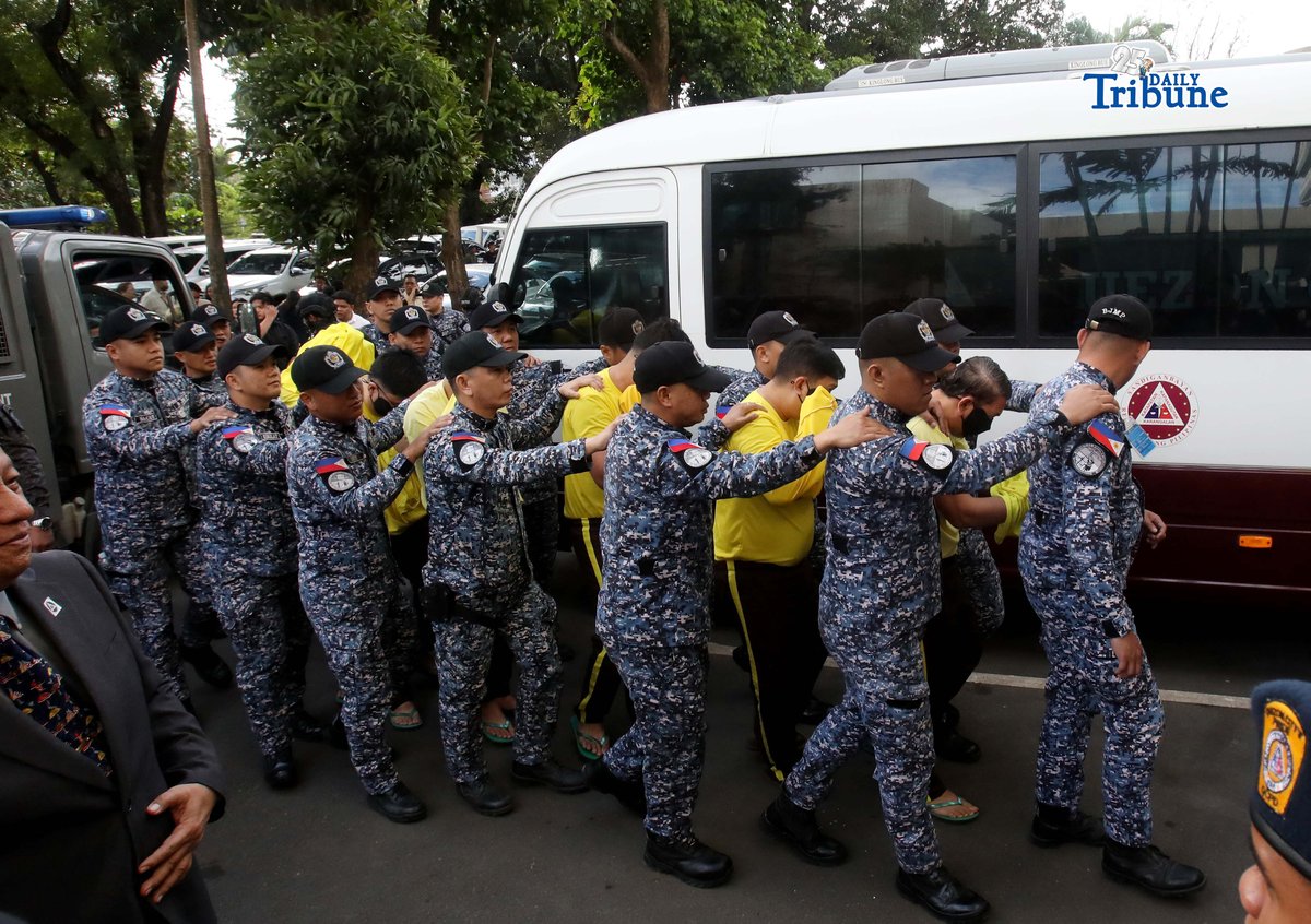Bureau of Jail Management and Penology (BJMP) personnel heavily guarded former Senator Ramon “Bong” Revilla Jr., along with 15 co-accused, as they arrived at the Sandiganbayan in Quezon City on Monday, February 9, 2026, to attend the hearing on their malversation and graft cases over alleged anomalous flood control projects. Photo/Analy Labor