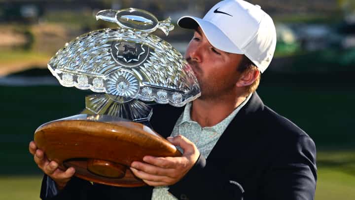 CHRIS Gotterup celebrates after edging Hideki Matsuyama to win the PGA Tour Phoenix Open title on Sunday.