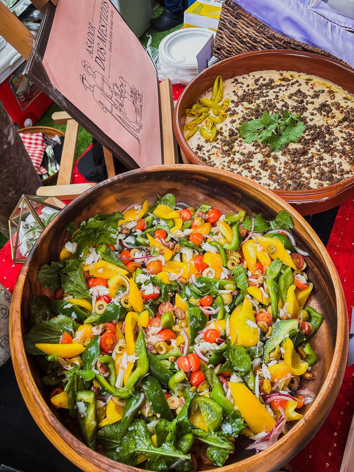 Asador dos Mestizos' Esqueixada (Shredded Salt Cod Salad) and Hummus with Ground Lamb