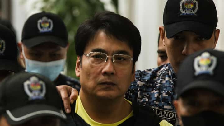 Former Senator Ramon Bong Revilla Jr. leaves the Department of Justice in Manila on Thursday, 12 February 2026, following a preliminary probe into plunder allegations involving anomalous flood control projects.