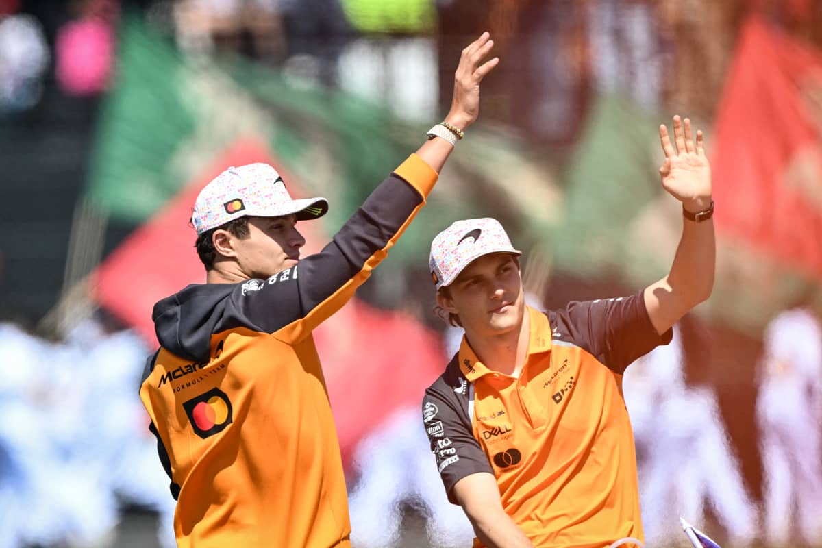 MCLAREN’S British driver Lando Norris (left) and Australian driver Oscar Piastri (right) wave to fans during the drivers’ parade ahead of the Mexico City Formula One Grand Prix at the Hermanos Rodriguez racetrack in Mexico City.