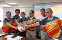 The Aboitiz Football Cup (AFC) launched its 25th season with a joint gesture from the different support groups led by DSRFA President Ernie Ortonio Jr., Welfredo Dalumpines of the Impact Load Climate Action of the Aboitiz Foundation Inc., Organizer Liza Kriztel Dureza-Valencia of CR7 Foodtruck, Tournament Director Arman Valencia of CR7 Foodtruck and Enric Zak Tia, President and CEO of Davao Light and Power Company during its launching, Friday 13 February. (Jon Develos/DSA)
