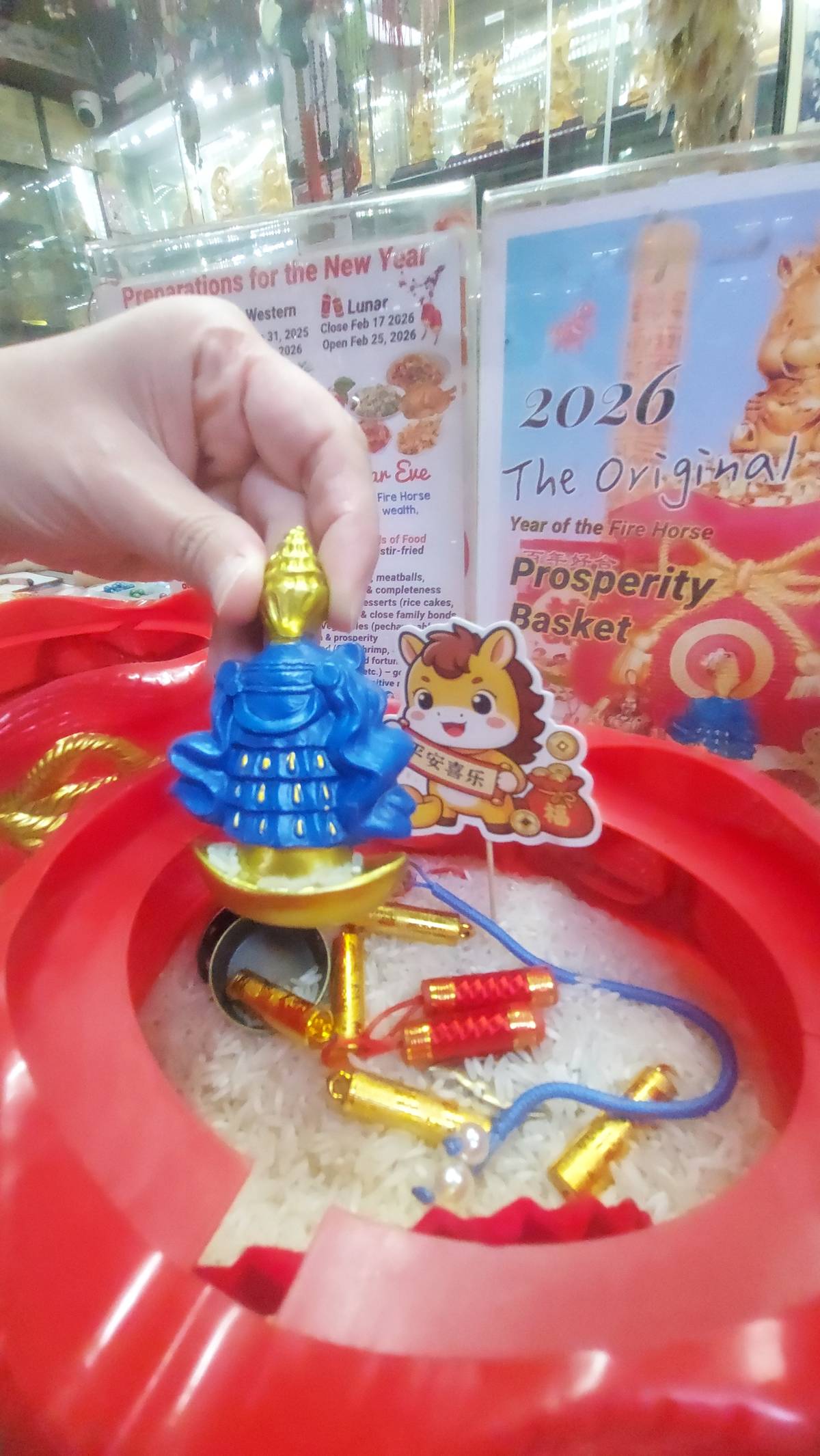 RICE and other auspicious items inside the prosperity basket.