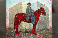 ‘THESE Appearing Lands’ Galleria Duemila by Leonardo Aguinaldo, layered woodcut prints, acrylic, correction tape on canvas 183.88 x 213.cm, 72 x 84 in.
