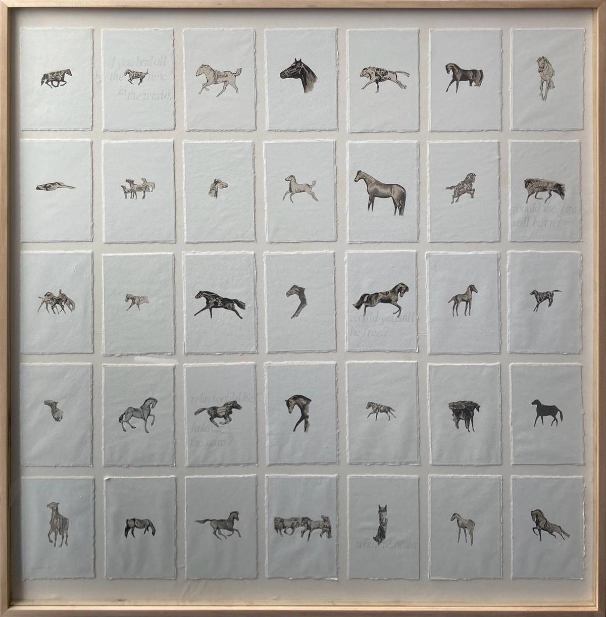 JEL Suarez of blanc, ‘35 Horse,’ 8.25 x 6 inches each, 50 x 50 inches collage on handmade paper, 2026.