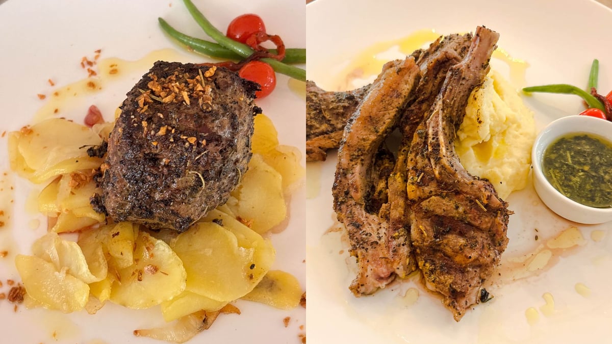 (Left to right) Lomo de Vaca ala Pobre (Beef tenderloin garlic steak, potato medallion) and Asador's signature lamb chops.