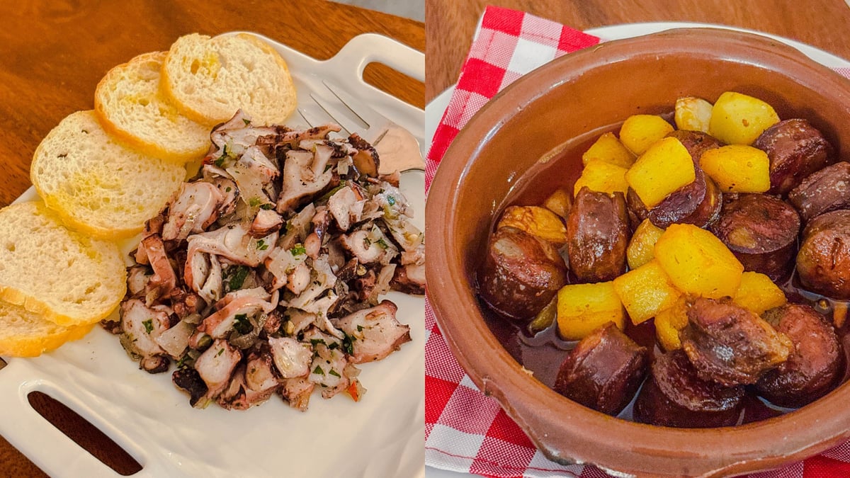 (Left to right) Ensalada de Pulpo (Marinated octopus) and Chorizo Hecho Por Dos Mestizos (Home made Spanish sausage)