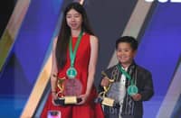 NICOLE Gaisano Gan and Zach Guico receive the Tony Siddayao Award during the San Miguel Philippine Sports Association Awards Night at Diamond Hotel.