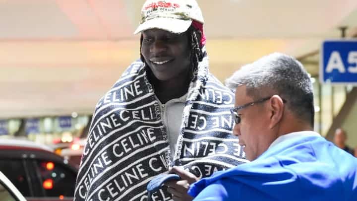FORMER NBA standout Bol Bol gets a warm welcome from team manager Jojo Lastimosa as he arrives in Manila to play for TNT Tropang 5G in the PBA Commissioner’s Cup.