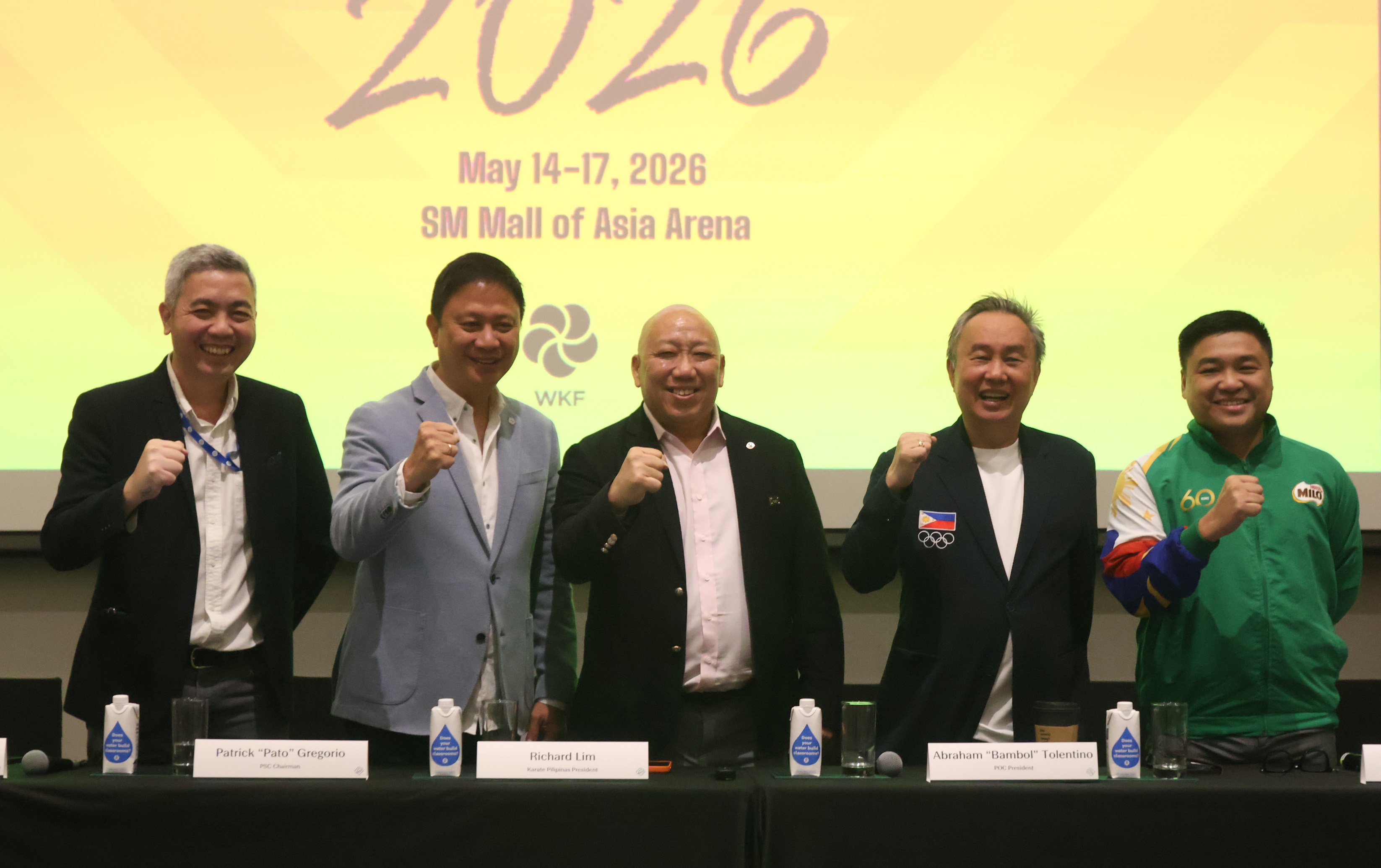 KARATE Pilipinas president Ricky Lim (center), PSC chairman Patrick ‘Pato’ Gregorio (second from left), and POC president Abraham ‘Bambol’ Tolentino (second from right) express readiness to host the Karate One Youth League from 14 to 17 May at the Mall of Asia Arena. Also shown are SM Mall of Asia Arena senior vice president Arnel Gonzales (left) and Milo Sports head Carlo Sampan.