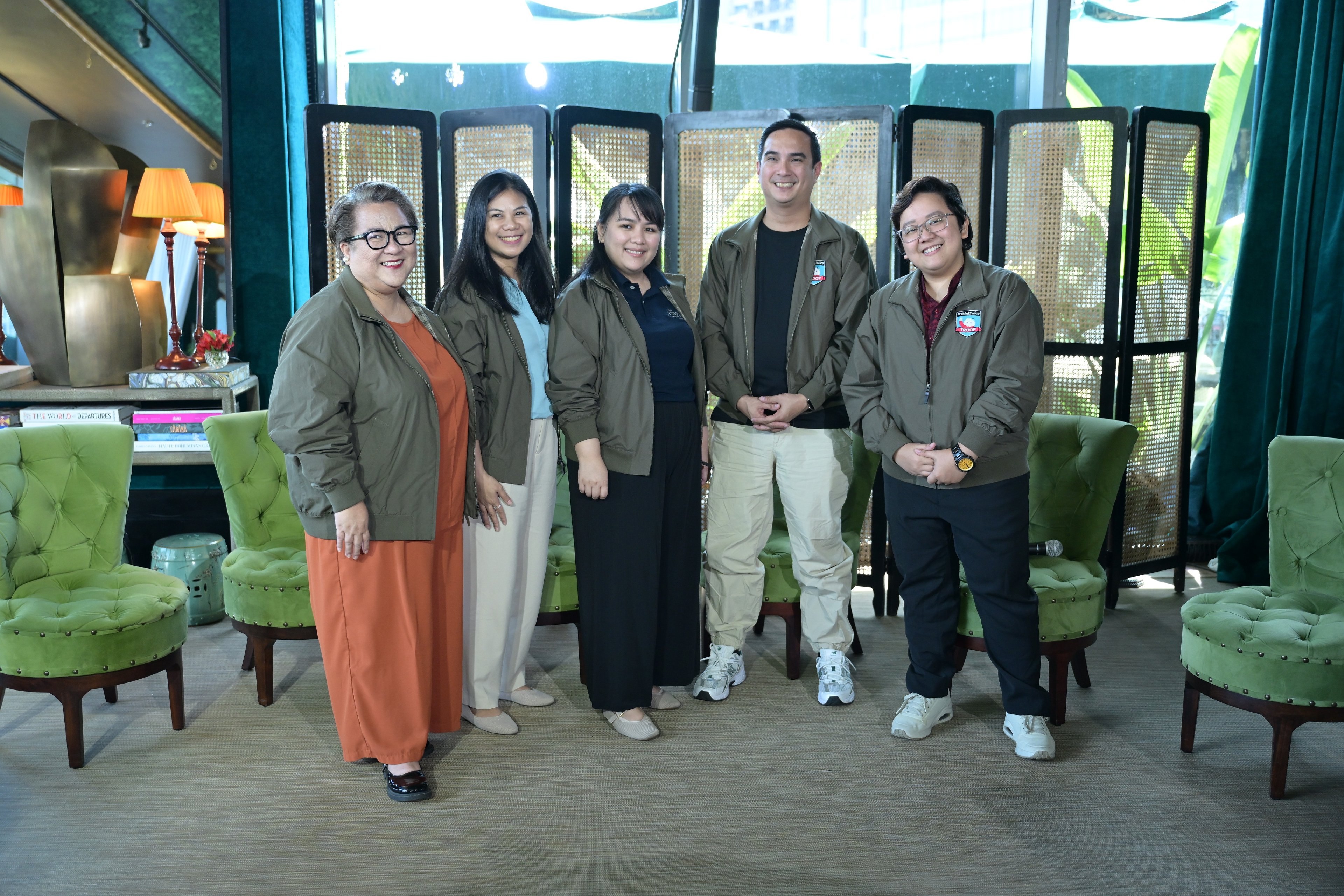 From left: Mona Magno-Veluz, digital historian and inclusion advocate; Hazel Bitaña, Deputy Regional Executive Director of Child Rights Coalition Asia (CRC Asia); Claire Laison, Director of the Child Rights Desk of the Ateneo Human Rights Centre (AHRC); Yves Gonzalez, Head of Public Policy for the Philippines at TikTok; and Riyan Portuguez, a psychologist and digital wellness advocate during the launch of the #ThinkTwice Troop.