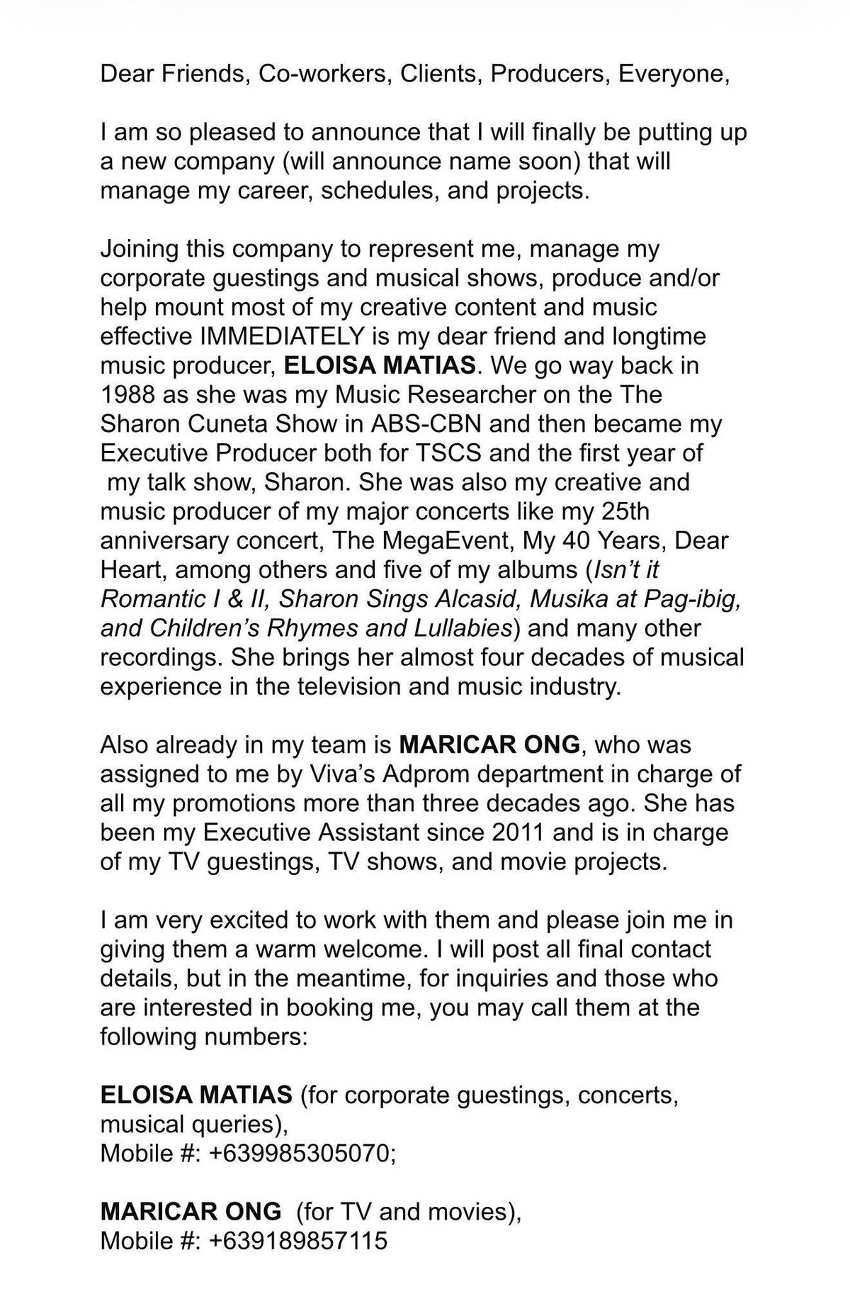 Sharon Cunetas official announcement