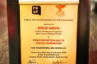 The Gold Anvil trophy awarded to CDO Funtastyk at the PRSP Anvil Awards.