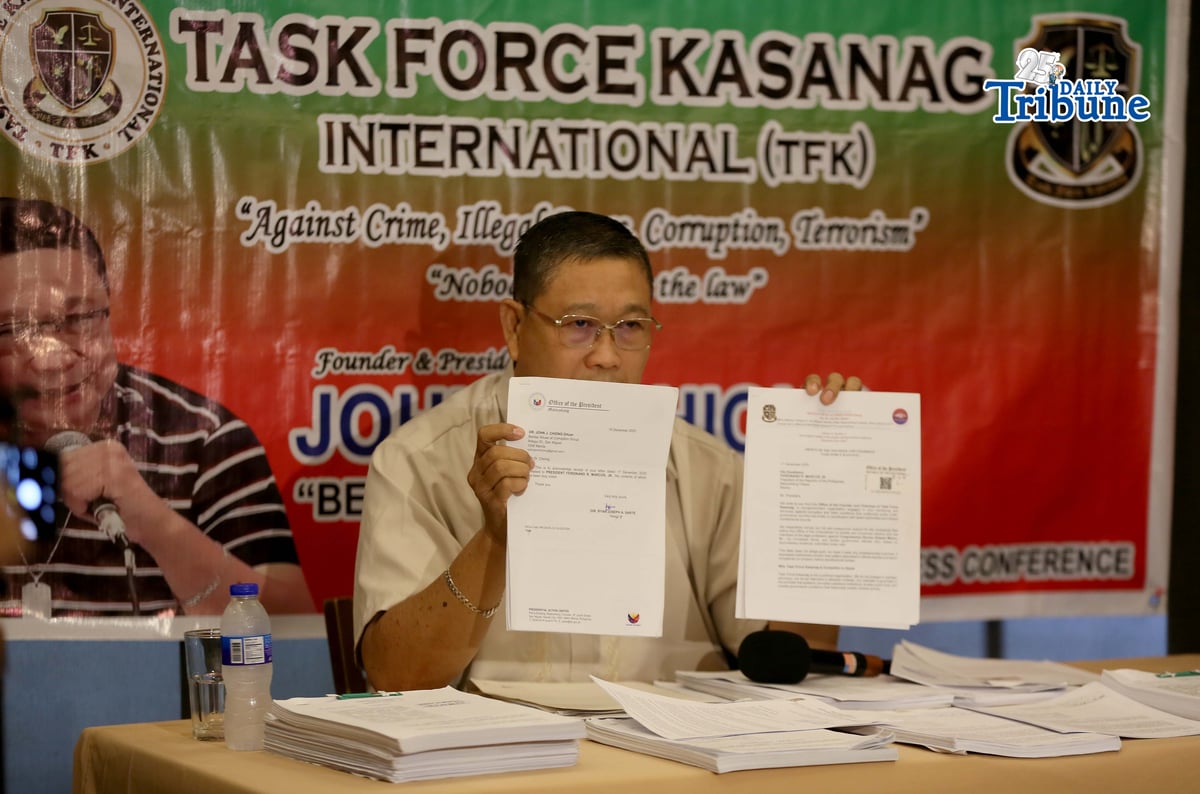 (February 21 2026) Task Force Kasanag (TFK) Founder John Chiong shows the ethics complaint filed at the Office of the President, by the group against House Committee on Public Works Chairperson and Surigao del Sur 1st District Representative Romeo Salazar Momo Sr. during press conference in Quezon City on Saturday February 21 2026. Photo/Analy Labor