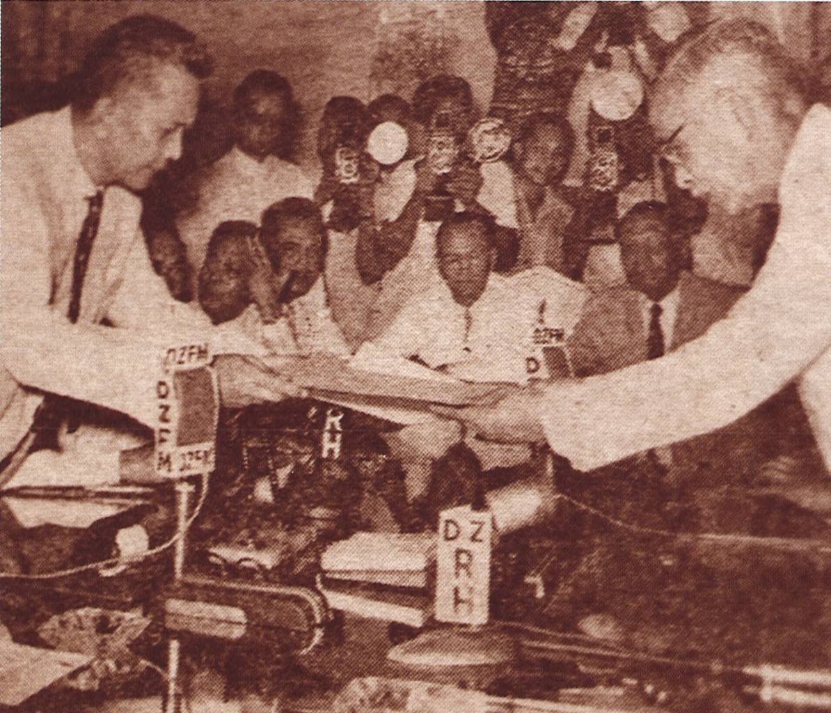 PHILIPPINE Ambassador Felino Neri and Japanese State Minister Takasaki Tatsunosuke at the signing of the Japan-Philippines Reparations Agreement, 9 May 1956.