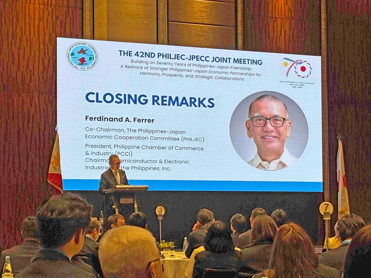 FERDINAND Ferrer, co-chairman of the Philippines-Japan Economic Cooperation Committee and president of the Philippine Chamber of Commerce and Industry, delivers his closing remarks at the 42nd PHILJEC-JPECC Joint Meeting in Taguig City.