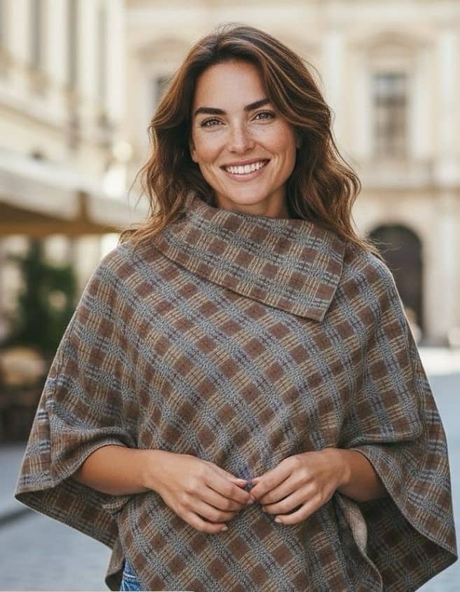 A MODEL wears a reversible poncho of Terno by TCG which are co-created with artisans and weavers from Abra, Ilocos, South Cotabato, Ifugao and the Tinguian tribe.
