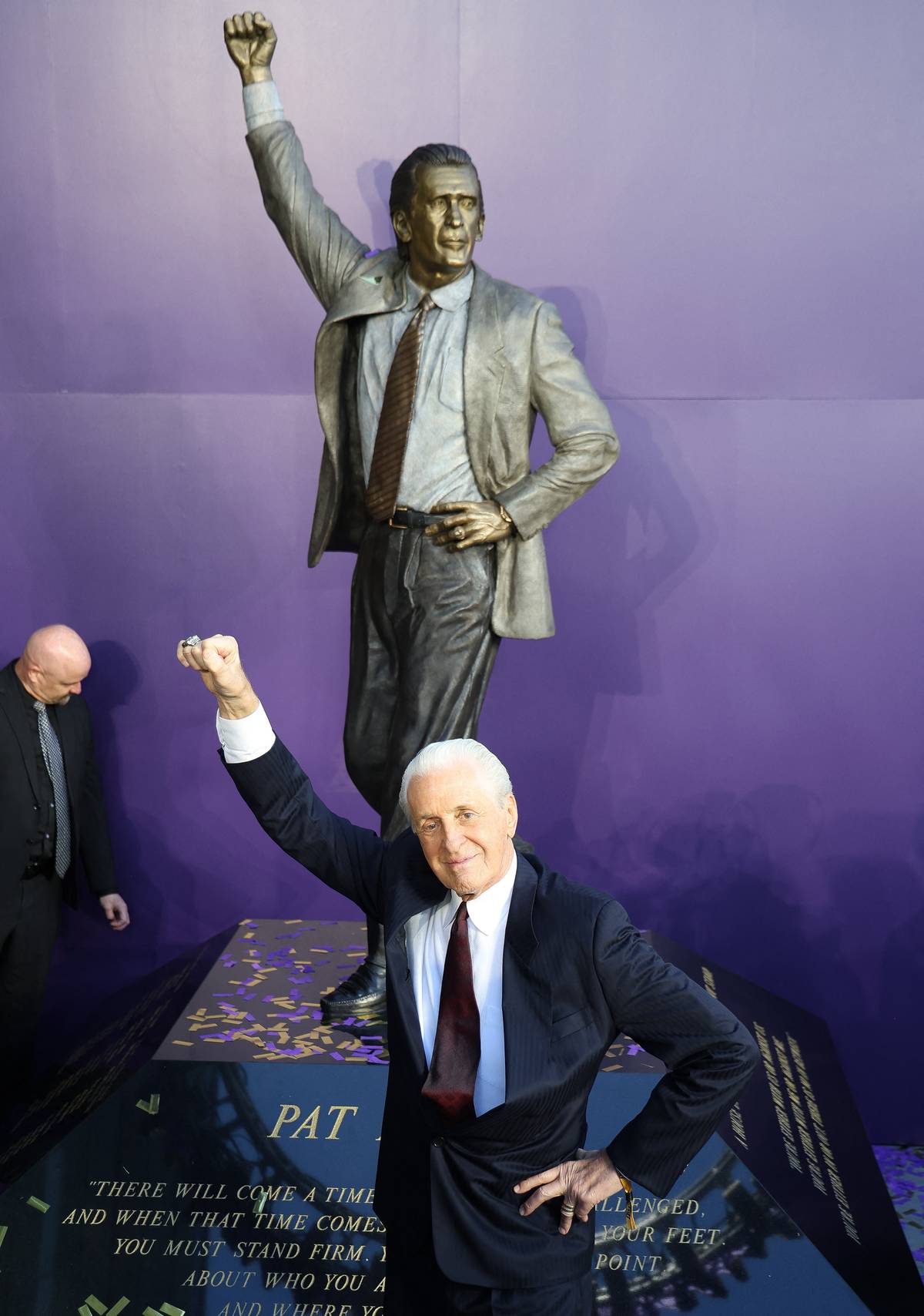 A BRONZE statue of Pat Riley has been unveiled, immortalizing his contributions to the Los Angeles Lakers.
