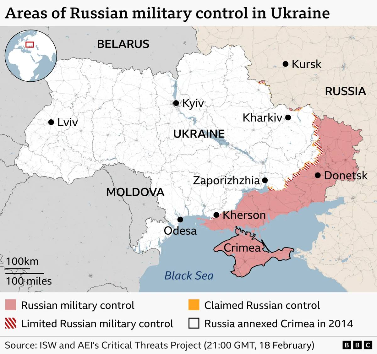 Areas of Russian military control in Ukraine.