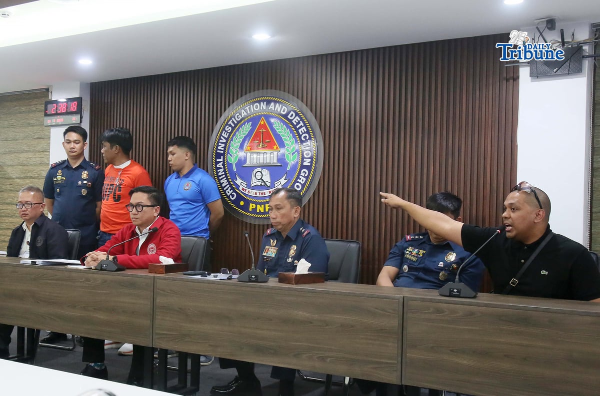 (February 24 2026) National Police Commission (NAPOLCOM) Vice Chairperson and Executive Officer (VCEO) Rafael Calinisan, with CIDG Director, Maj. Gen. Robert Alexander Morico II, present to the media the arrested vlogger Norman Mangusin, also known as Francis Leo Marcos, following his arrest in Pasay. He faces 12 counts of unjust vexation filed by internet personality Mark Jayson Warnakulahewa known as Makagago, during a press conference held at CIDG office in Camp Crame on Tuesday February 24 2026. Photo/Analy Labor