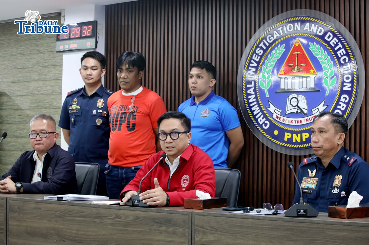 (February 24 2026) National Police Commission (NAPOLCOM) Vice Chairperson and Executive Officer (VCEO) Rafael Calinisan, with CIDG Director, Maj. Gen. Robert Alexander Morico II, present to the media the arrested vlogger Norman Mangusin, also known as Francis Leo Marcos, following his arrest in Pasay. He faces 12 counts of unjust vexation filed by internet personality Mark Jayson Warnakulahewa known as Makagago, during a press conference held at CIDG office in Camp Crame on Tuesday February 24 2026. Photo/Analy Labor