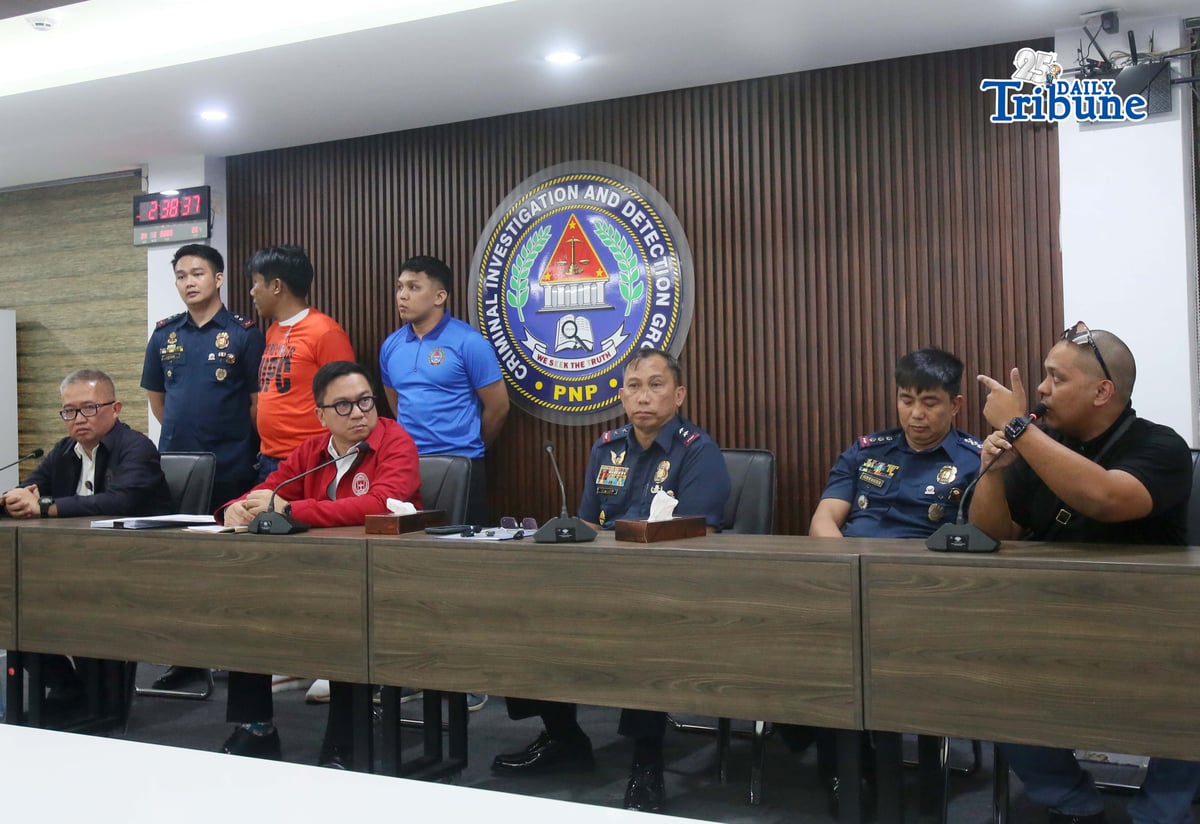 (February 24 2026) National Police Commission (NAPOLCOM) Vice Chairperson and Executive Officer (VCEO) Rafael Calinisan, with CIDG Director, Maj. Gen. Robert Alexander Morico II, present to the media the arrested vlogger Norman Mangusin, also known as Francis Leo Marcos, following his arrest in Pasay. He faces 12 counts of unjust vexation filed by internet personality Mark Jayson Warnakulahewa known as Makagago, during a press conference held at CIDG office in Camp Crame on Tuesday February 24 2026. Photo/Analy Labor