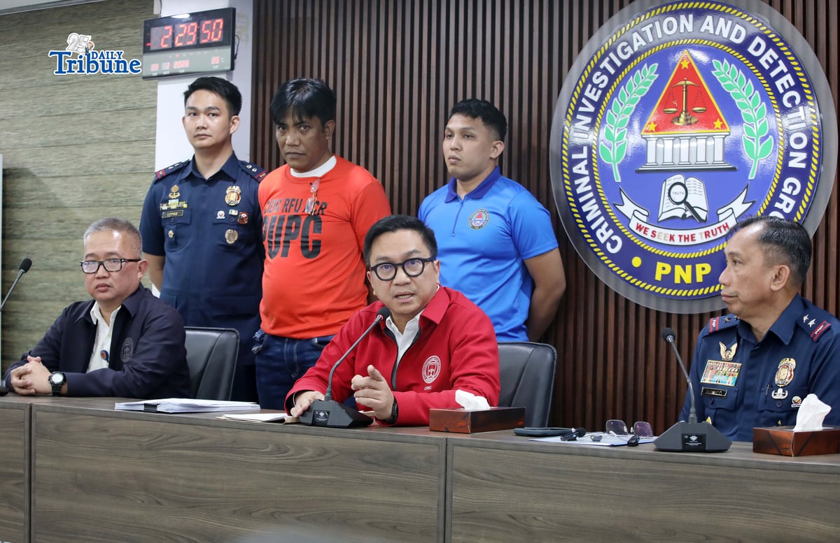 (February 24 2026) National Police Commission (NAPOLCOM) Vice Chairperson and Executive Officer (VCEO) Rafael Calinisan, with CIDG Director, Maj. Gen. Robert Alexander Morico II, present to the media the arrested vlogger Norman Mangusin, also known as Francis Leo Marcos, following his arrest in Pasay. He faces 12 counts of unjust vexation filed by internet personality Mark Jayson Warnakulahewa known as Makagago, during a press conference held at CIDG office in Camp Crame on Tuesday February 24 2026. Photo/Analy Labor
