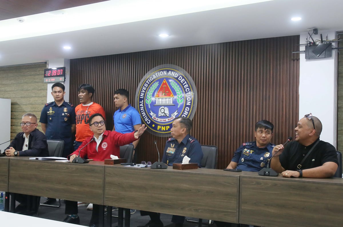 (February 24 2026) National Police Commission (NAPOLCOM) Vice Chairperson and Executive Officer (VCEO) Rafael Calinisan, with CIDG Director, Maj. Gen. Robert Alexander Morico II, present to the media the arrested vlogger Norman Mangusin, also known as Francis Leo Marcos, following his arrest in Pasay. He faces 12 counts of unjust vexation filed by internet personality Mark Jayson Warnakulahewa known as Makagago, during a press conference held at CIDG office in Camp Crame on Tuesday February 24 2026. Photo/Analy Labor